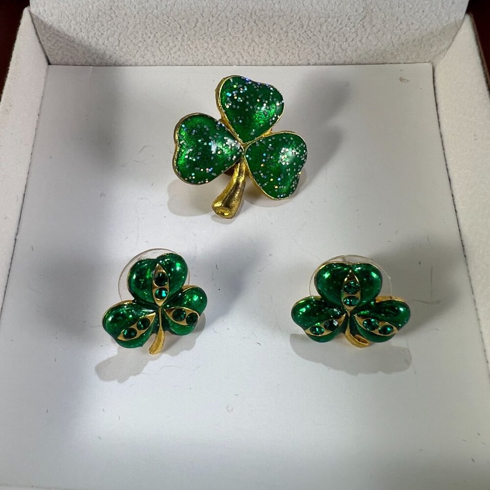 Green Enamel Shamrock Brooch & Earrings Set Gold Tone St. Patricks Day Jewelry